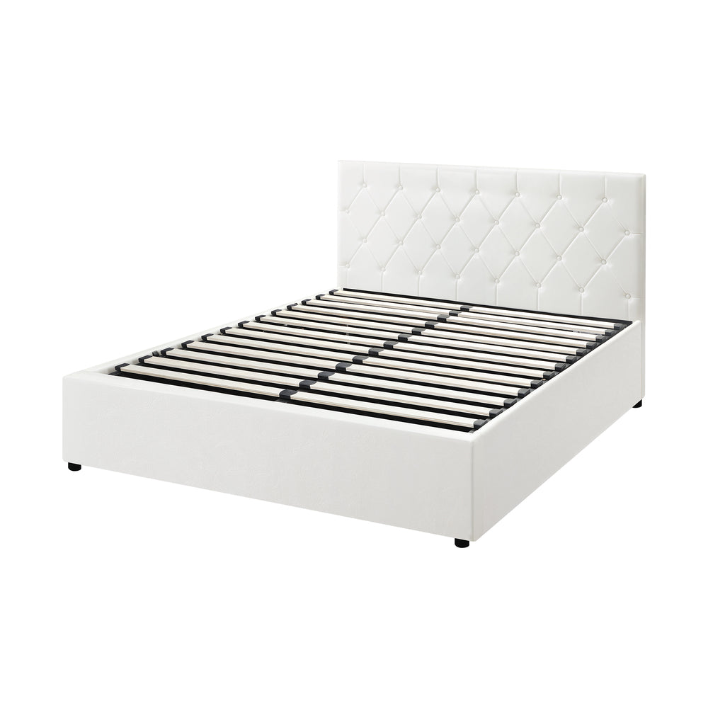 Bed Frame Queen Size Gas Lift Base Storage Leather White