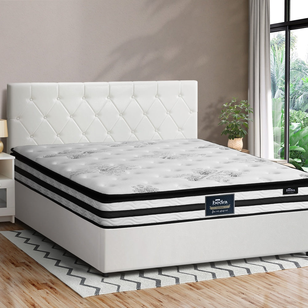 Oikiture Bed Frame Double Size Gas Lift with Mattress White Leather