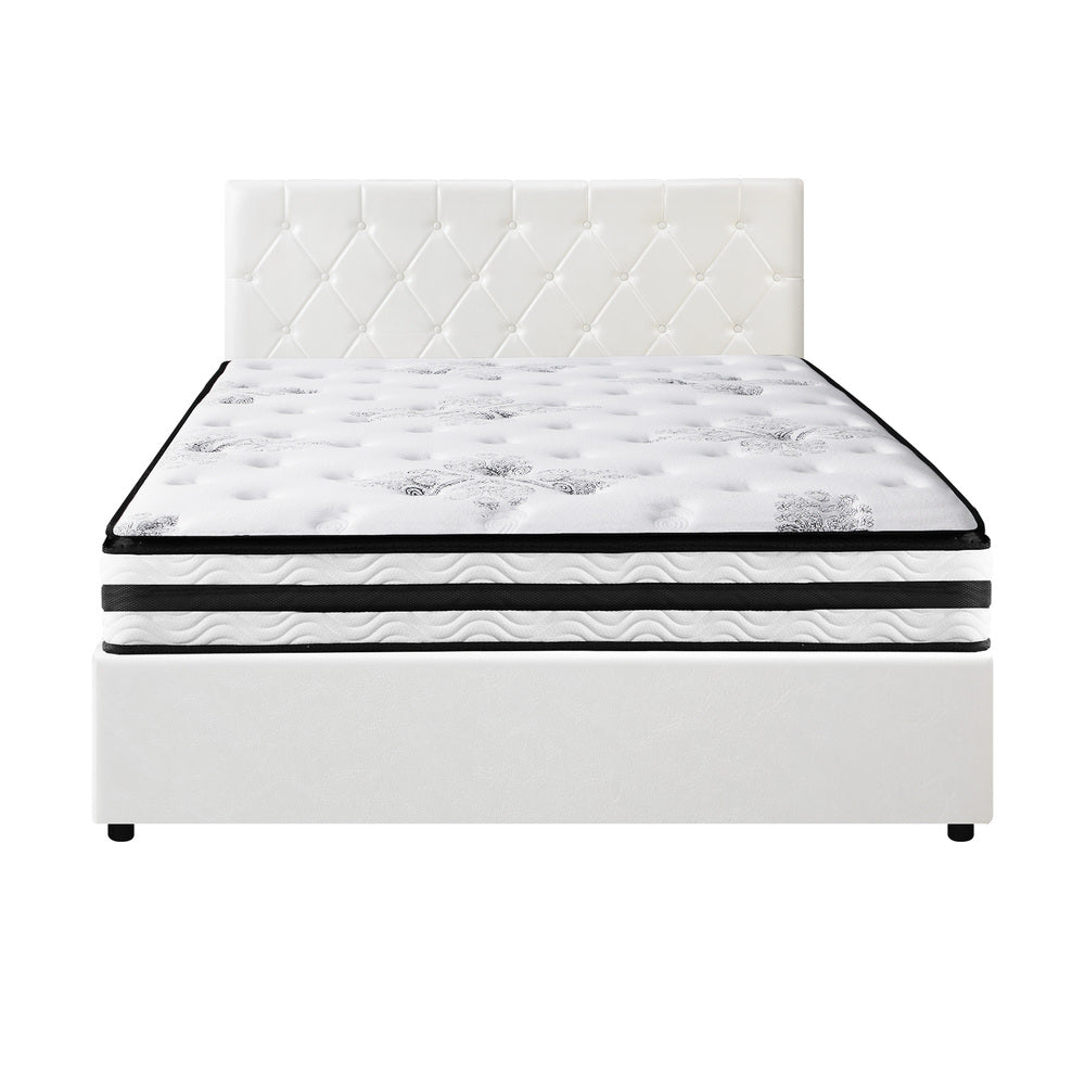 Oikiture Bed Frame Double Size Gas Lift with Mattress White Leather