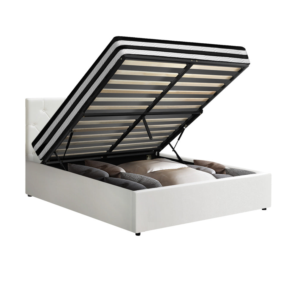 Oikiture Bed Frame Double Size Gas Lift with Mattress White Leather
