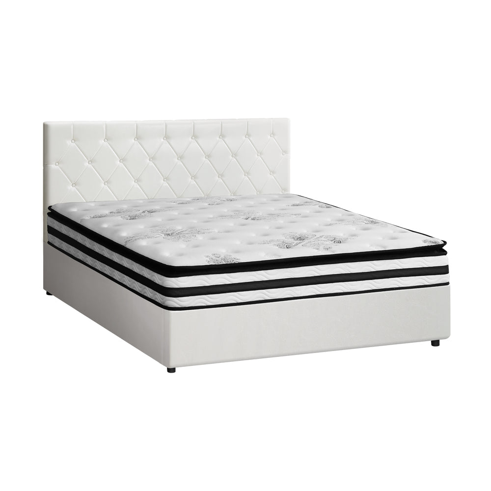 Oikiture Bed Frame King Size Gas Lift Base with Mattress White Leather