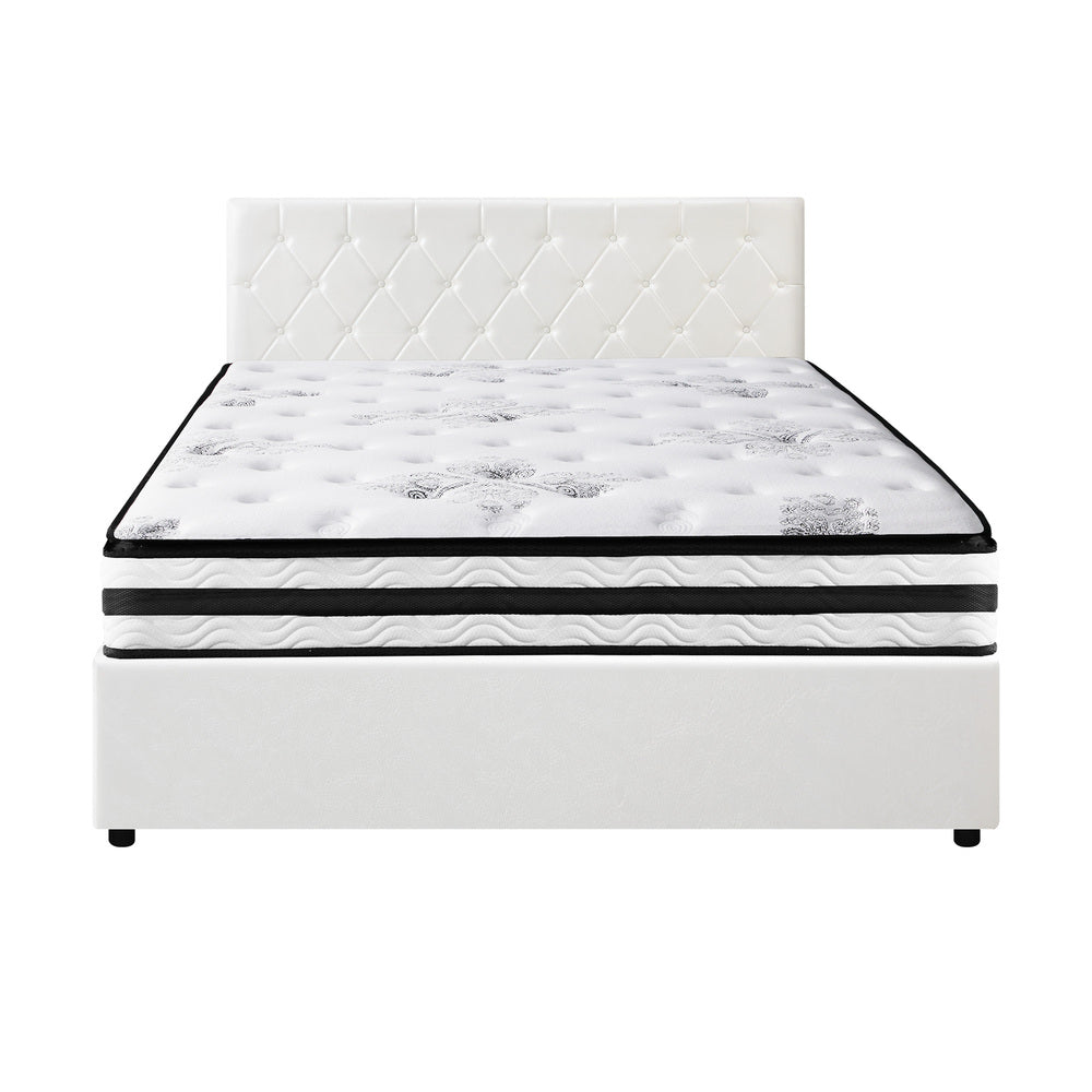 Oikiture Bed Frame King Size Gas Lift Base with Mattress White Leather