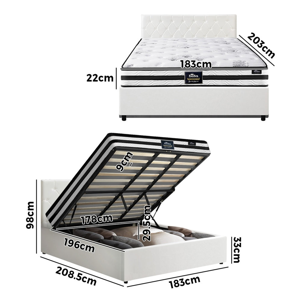 Oikiture Bed Frame King Size Gas Lift Base with Mattress White Leather