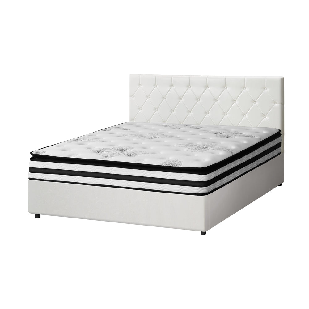 Oikiture Bed Frame King Size Gas Lift Base with Mattress White Leather