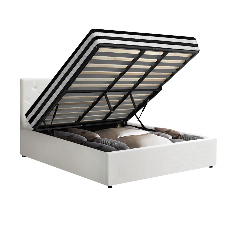 Oikiture Bed Frame King Size Gas Lift Base with Mattress White Leather