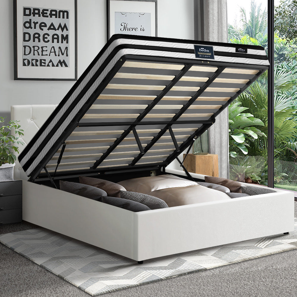 Oikiture Bed Frame King Size Gas Lift Base with Mattress White Leather