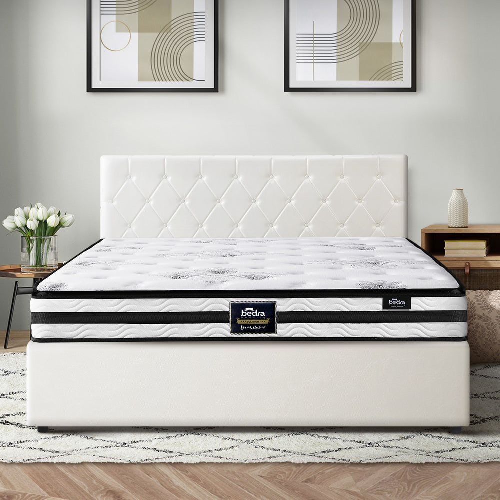Oikiture Bed Frame King Size Gas Lift Base with Mattress White Leather