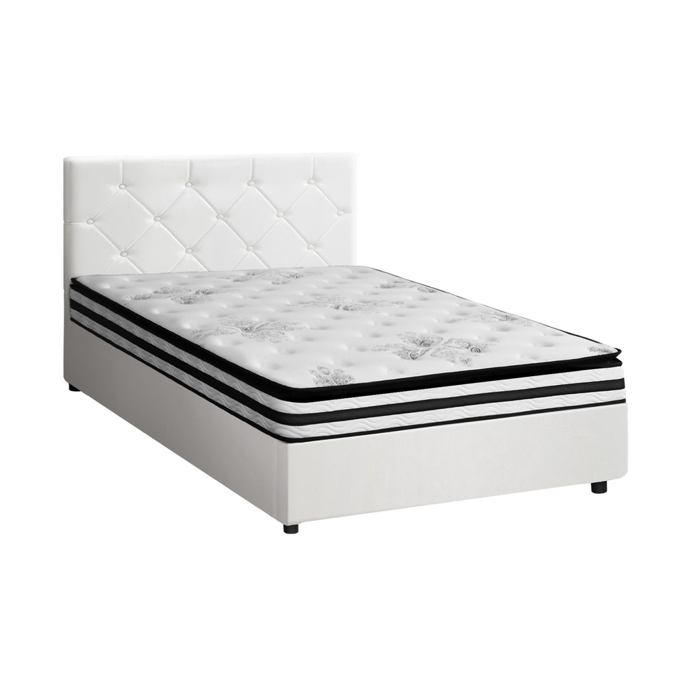 Oikiture Bed Frame King Single Size with Mattress White Leather