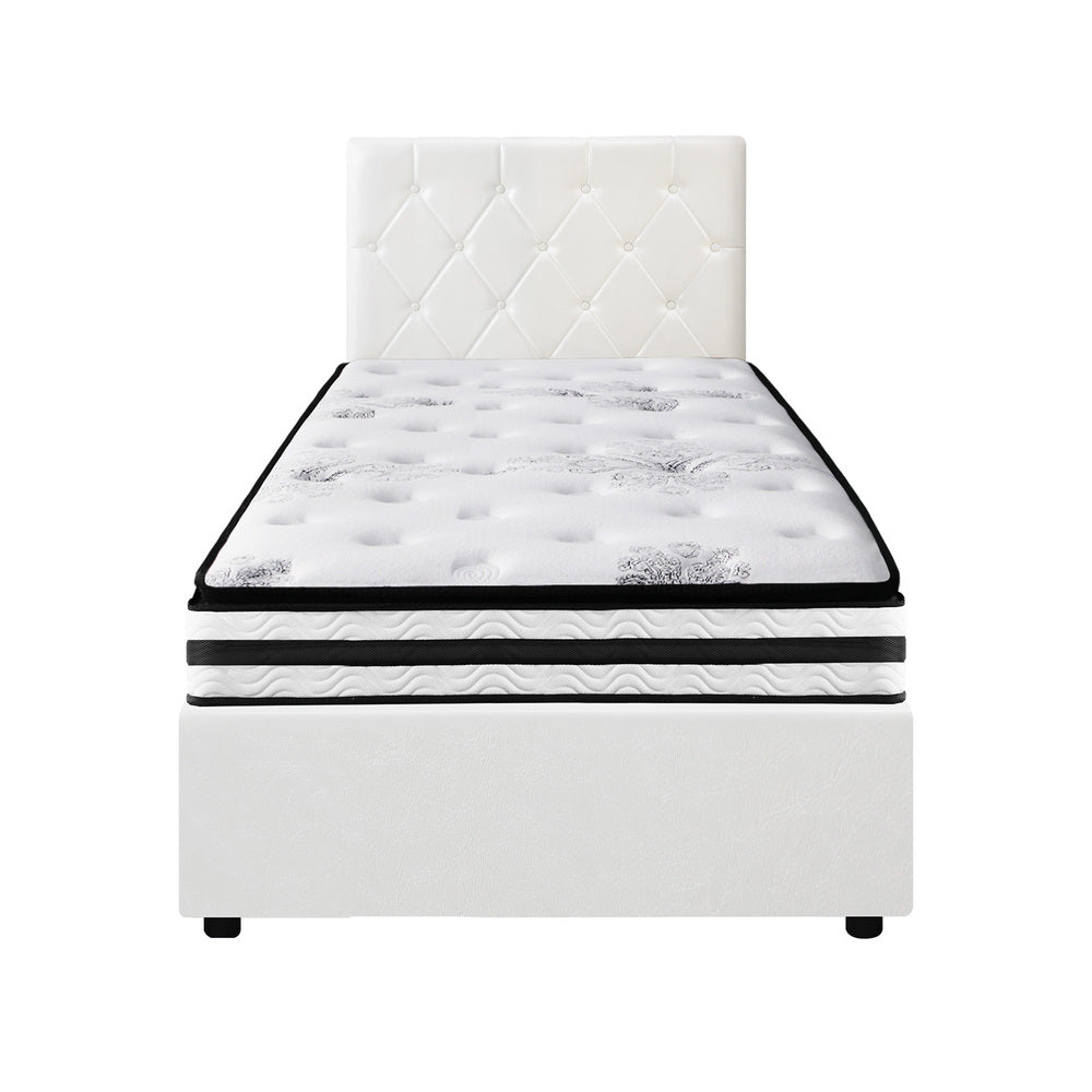 Oikiture Bed Frame King Single Size with Mattress White Leather