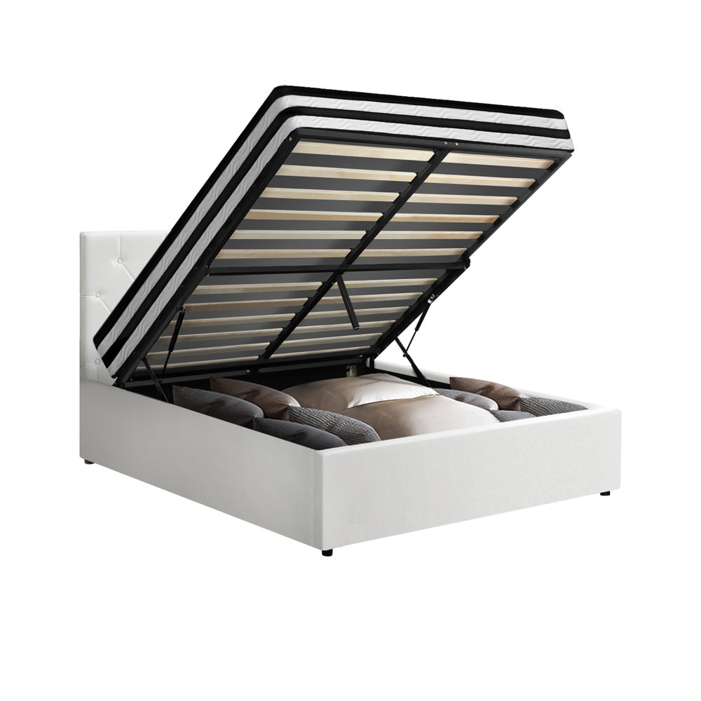 Oikiture Bed Frame King Single Size with Mattress White Leather