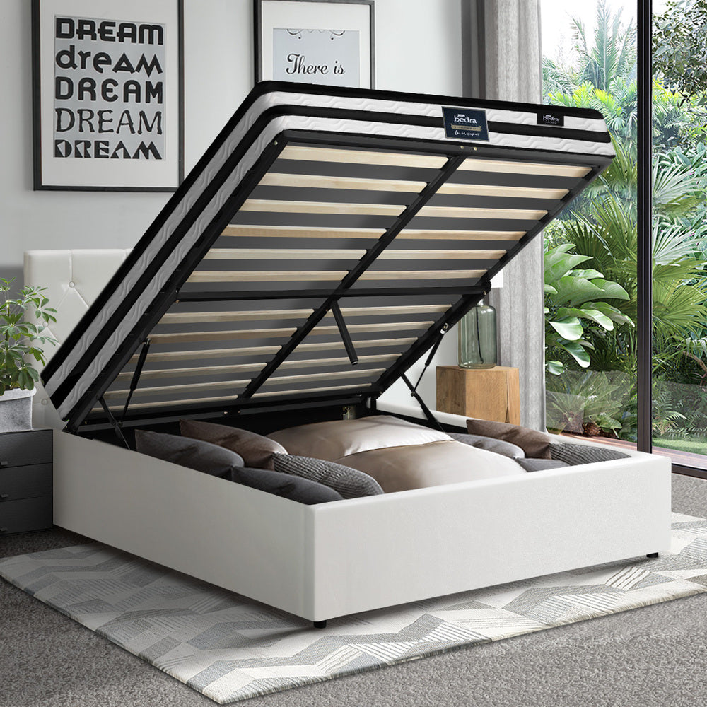 Oikiture Bed Frame King Single Size with Mattress White Leather