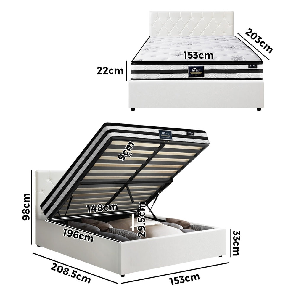 Oikiture Bed Frame Queen Size Gas Lift with Mattress White Leather