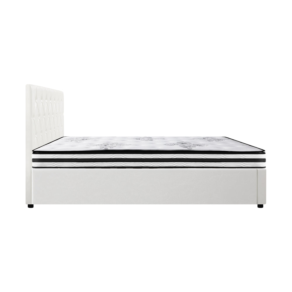 Oikiture Bed Frame Queen Size Gas Lift with Mattress White Leather