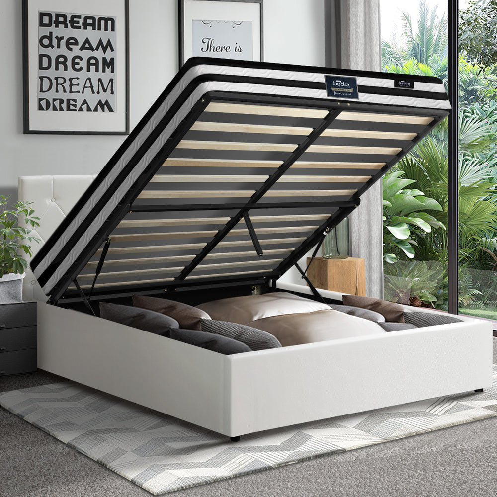 Oikiture Bed Frame Queen Size Gas Lift with Mattress White Leather