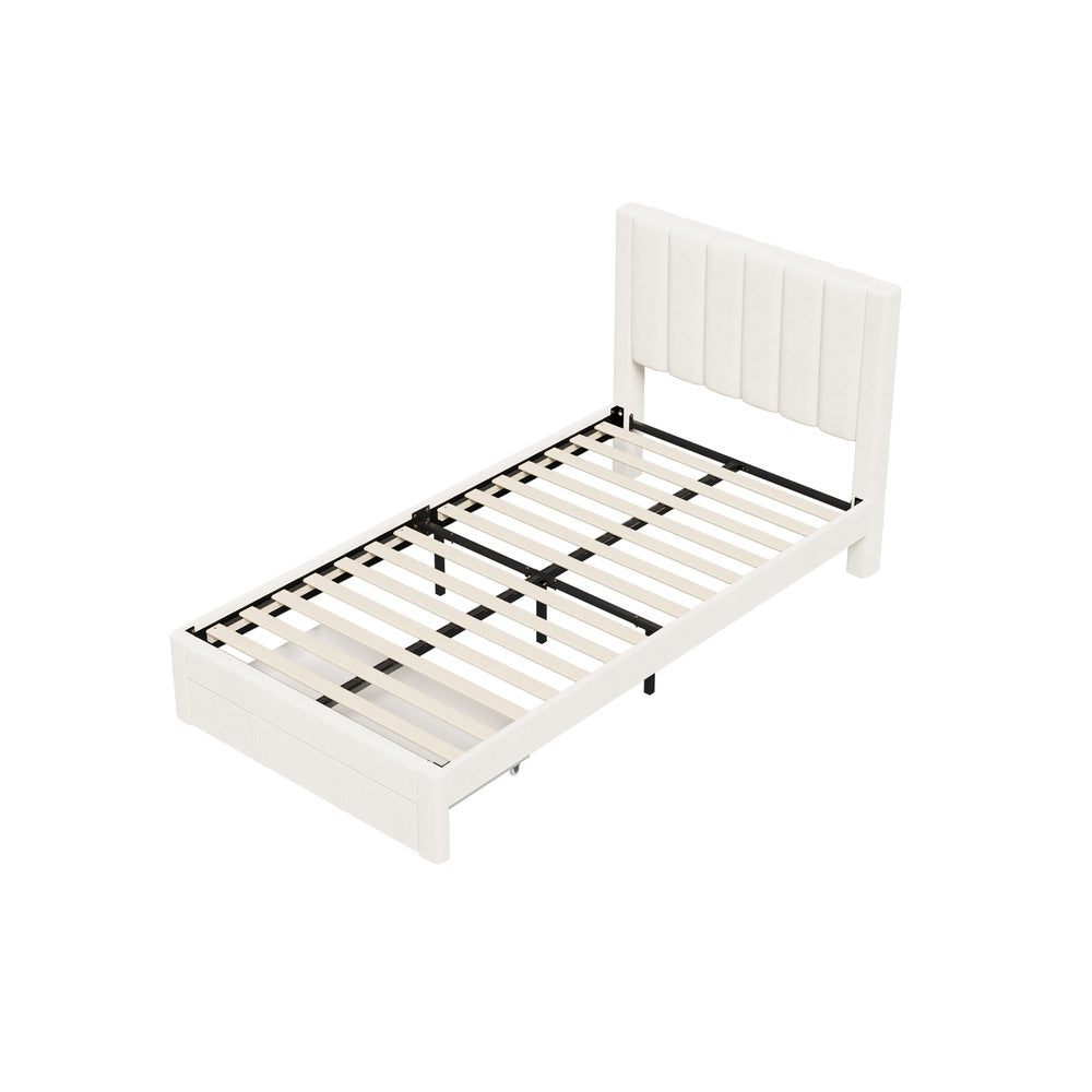 Bed Frame King Single Headboard Platform with Drawer Beige