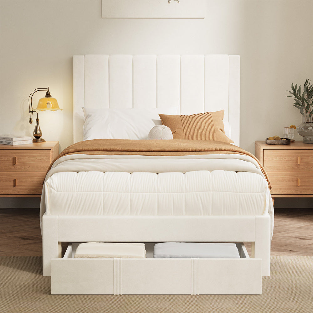 Bed Frame King Single Headboard Platform with Drawer Beige