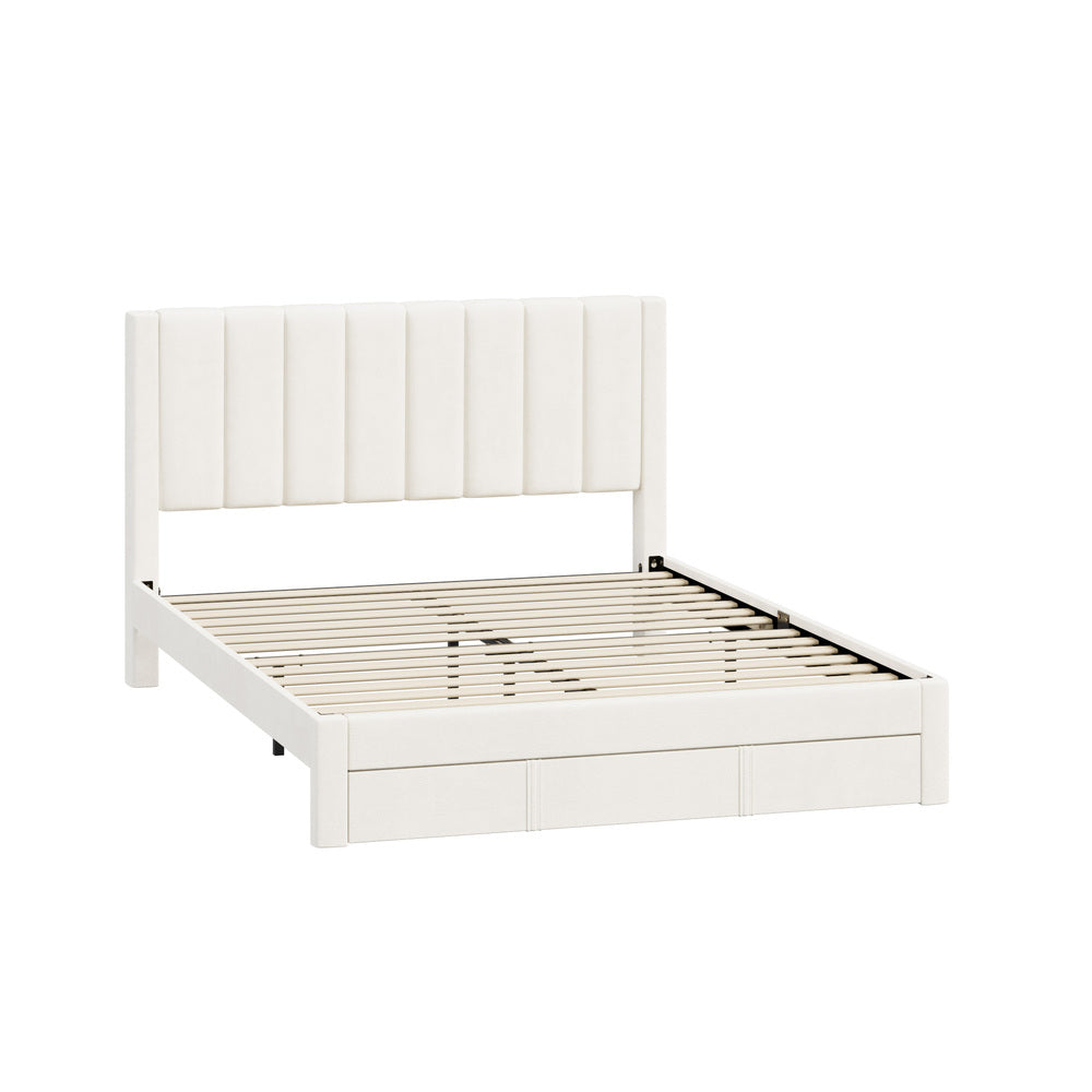 Queen Bed Frame Headboard Platform Base with Drawer Beige