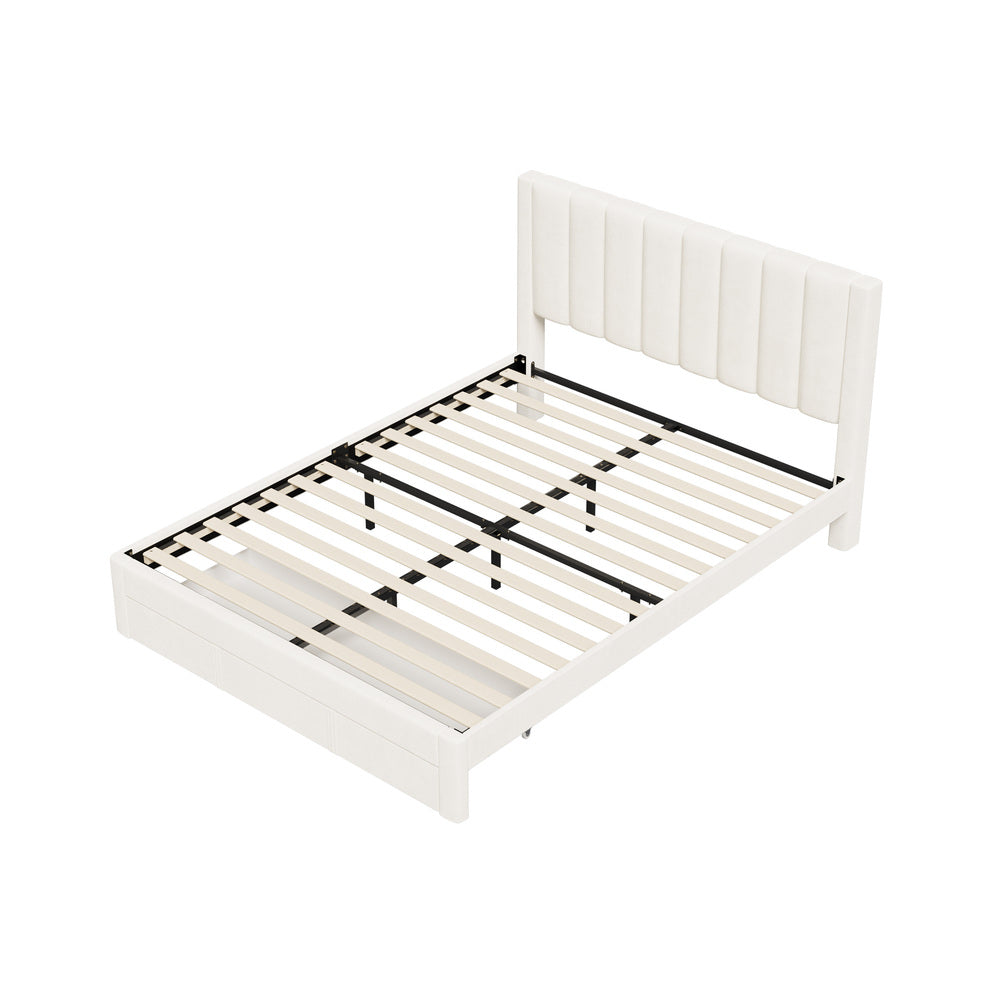 Queen Bed Frame Headboard Platform Base with Drawer Beige