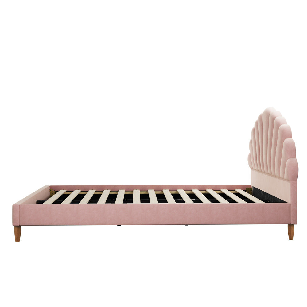 Bed Frame Double Size Scallop-Shape Bedhead Pink Velvet