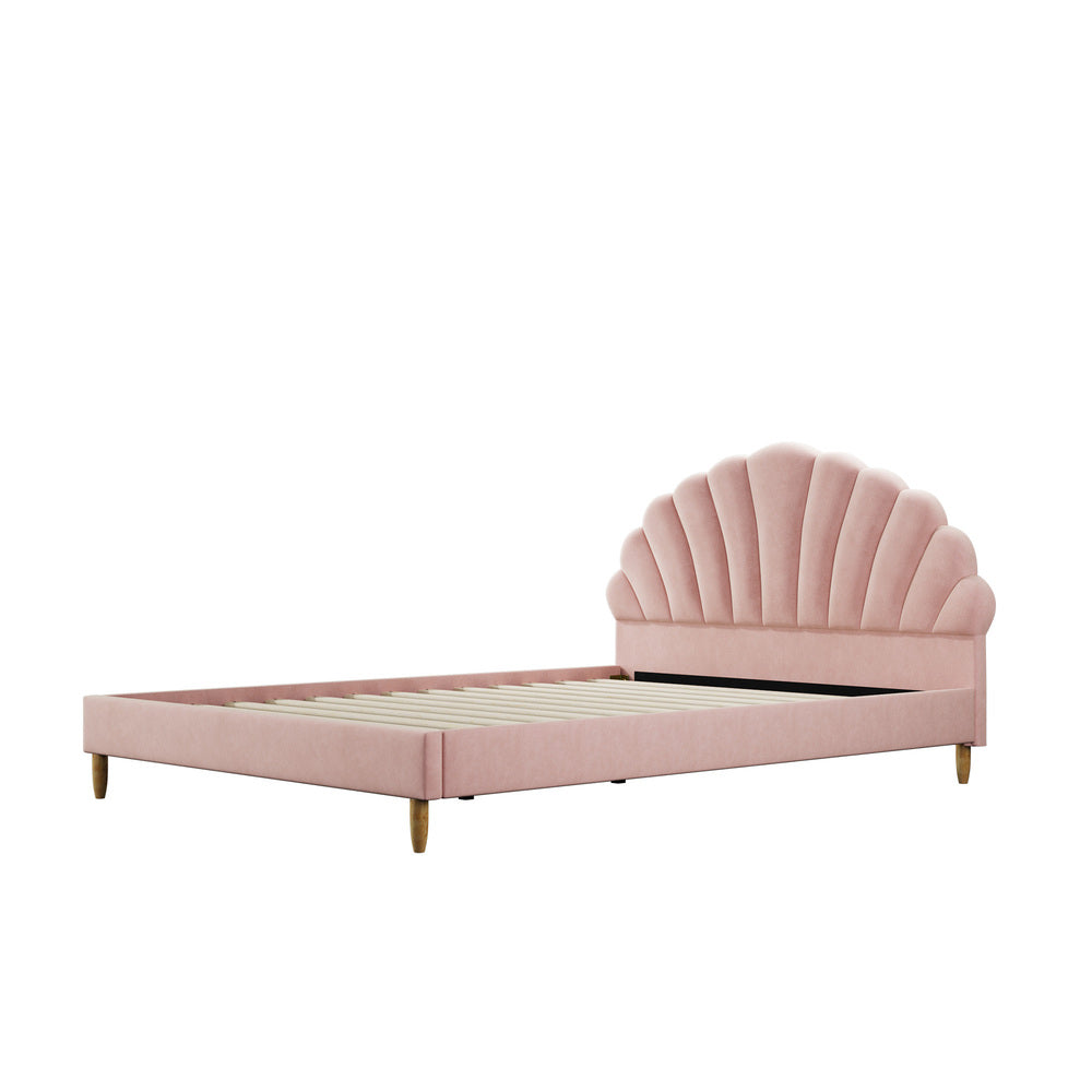 Bed Frame Double Size Scallop-Shape Bedhead Pink Velvet