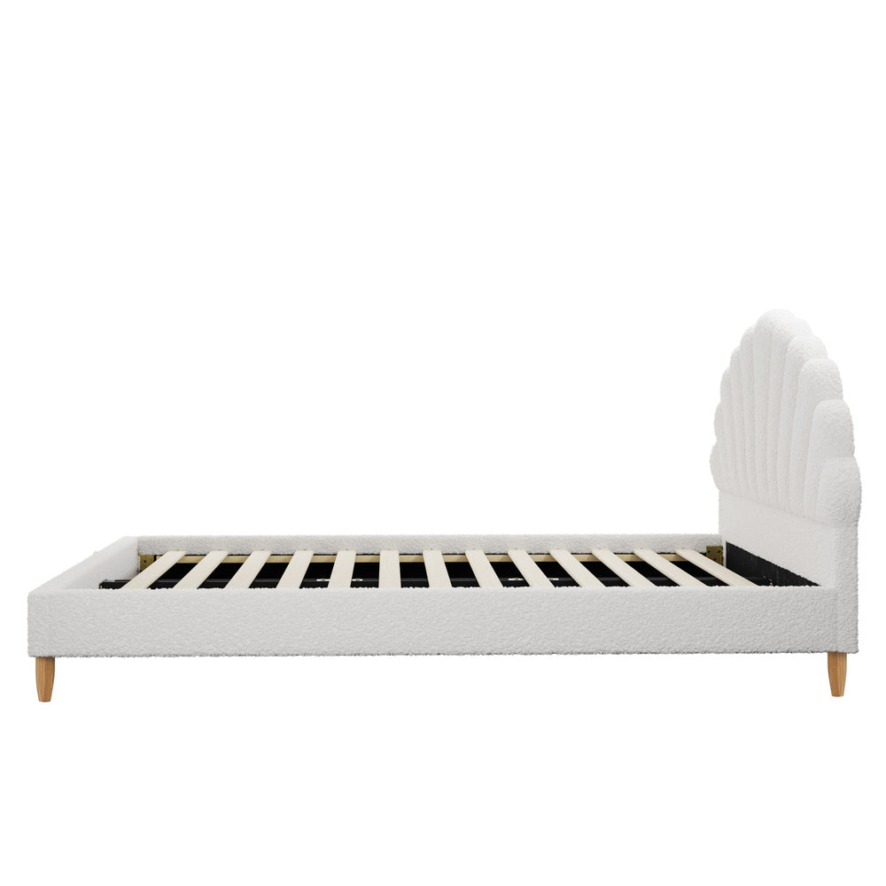 Bed Frame Double Size Scallop-Shape Bedhead White Boucle