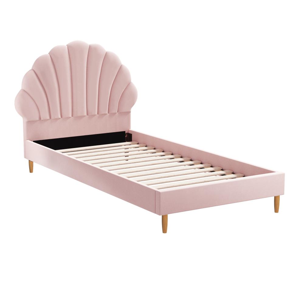 Single Bed Frame Scallop-Shape Bedhead Pink Velvet