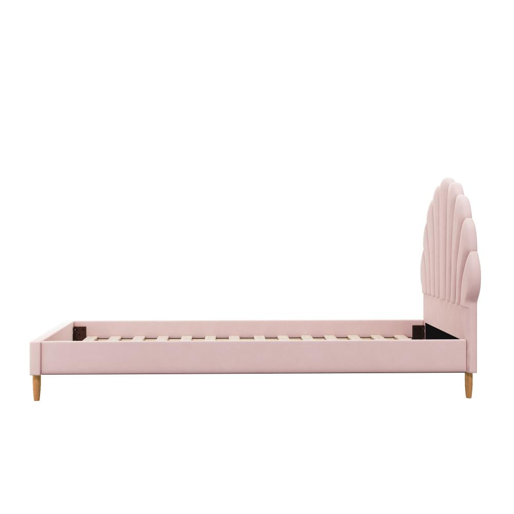 Single Bed Frame Scallop-Shape Bedhead Pink Velvet