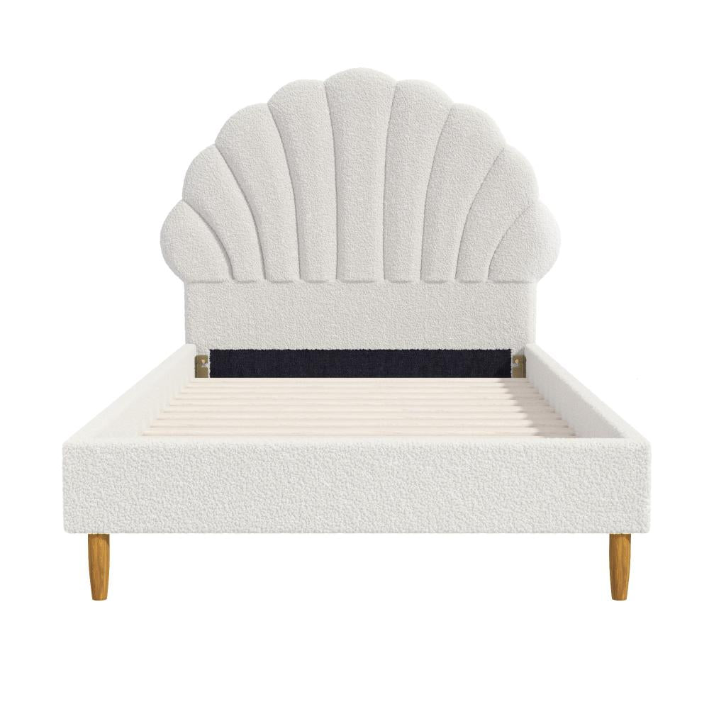 Single Bed Frame Scallop-Shape Bedhead White Boucle