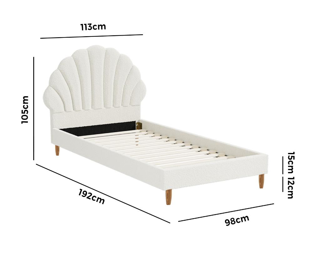 Single Bed Frame Scallop-Shape Bedhead White Boucle