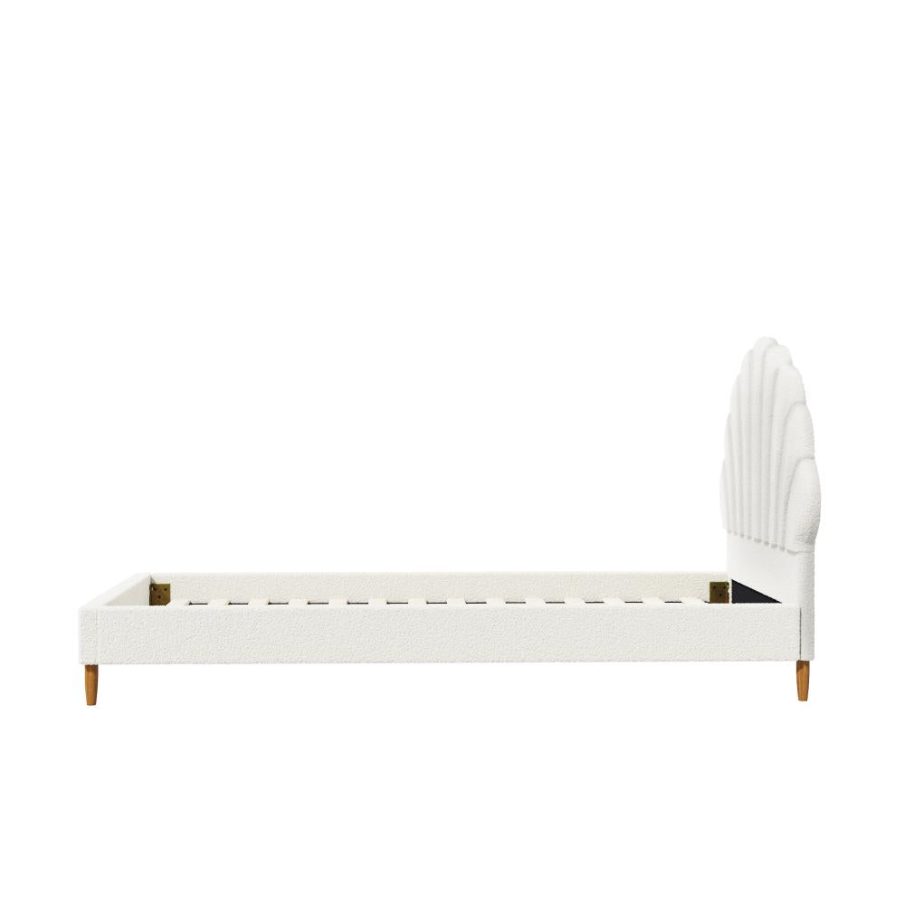 Single Bed Frame Scallop-Shape Bedhead White Boucle