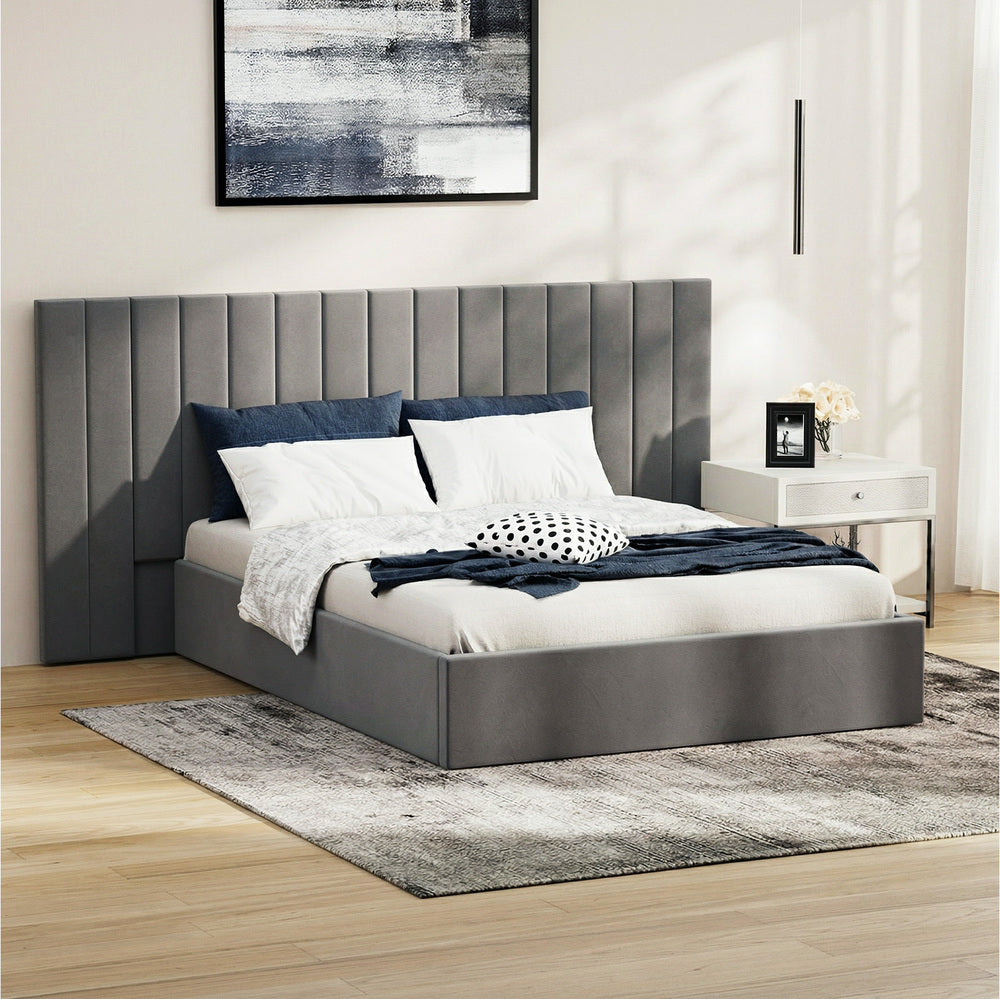 Double Gas‑Lift Bed Frame – Extended Velvet Headboard, Storage, Grey