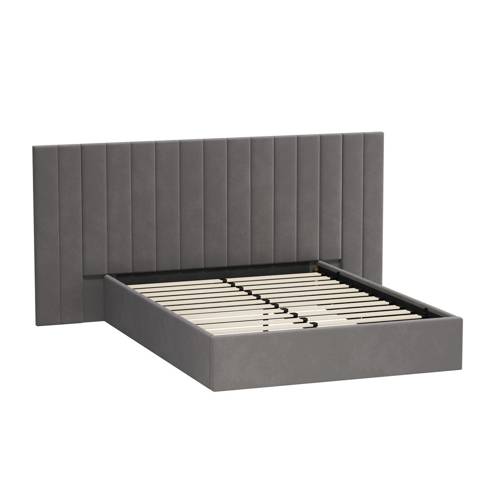 Double Gas‑Lift Bed Frame – Extended Velvet Headboard, Storage, Grey