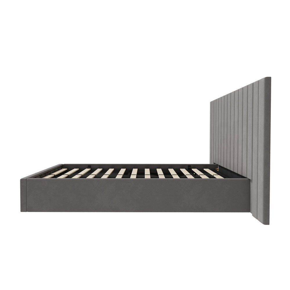 Double Gas‑Lift Bed Frame – Extended Velvet Headboard, Storage, Grey