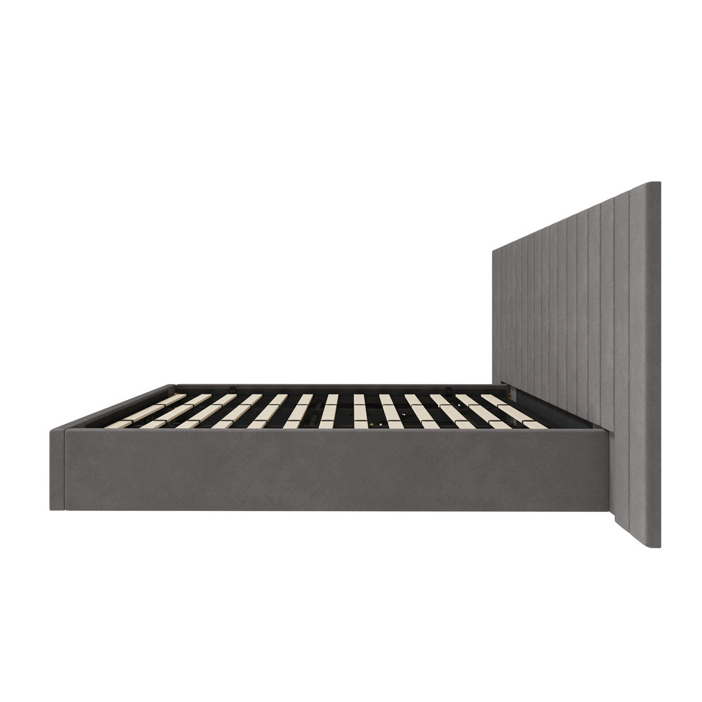 King Gas‑Lift Bed Frame – Extended Velvet Headboard, Storage, Grey