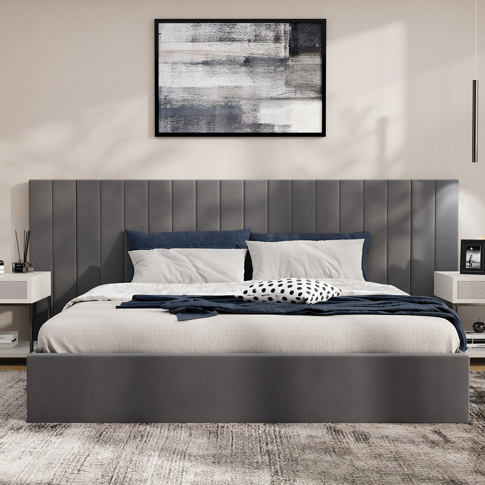 King Gas‑Lift Bed Frame – Extended Velvet Headboard, Storage, Grey