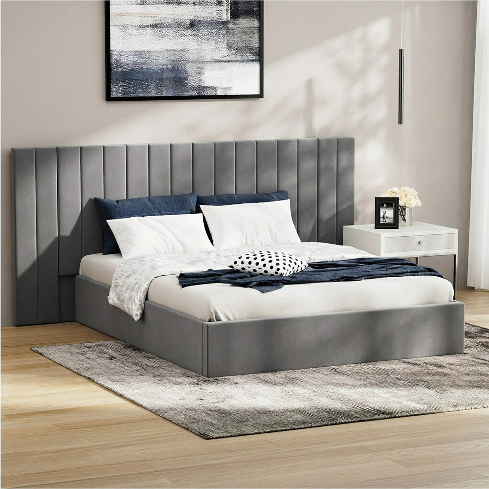 Queen Gas‑Lift Bed Frame – Extended Velvet Headboard, Storage, Grey