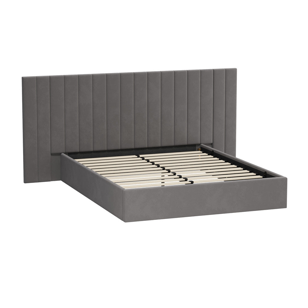 Queen Gas‑Lift Bed Frame – Extended Velvet Headboard, Storage, Grey