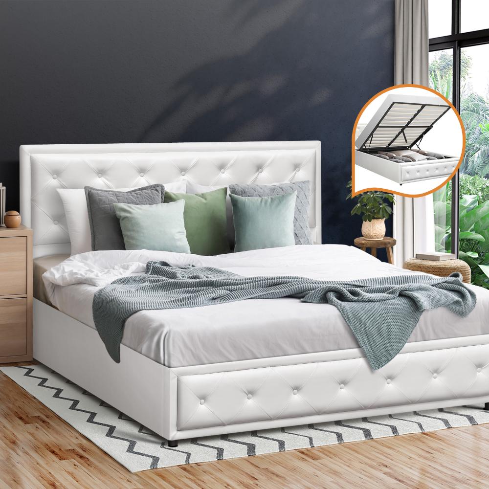 Double Bed Frame with Storage Space Gas Lift White