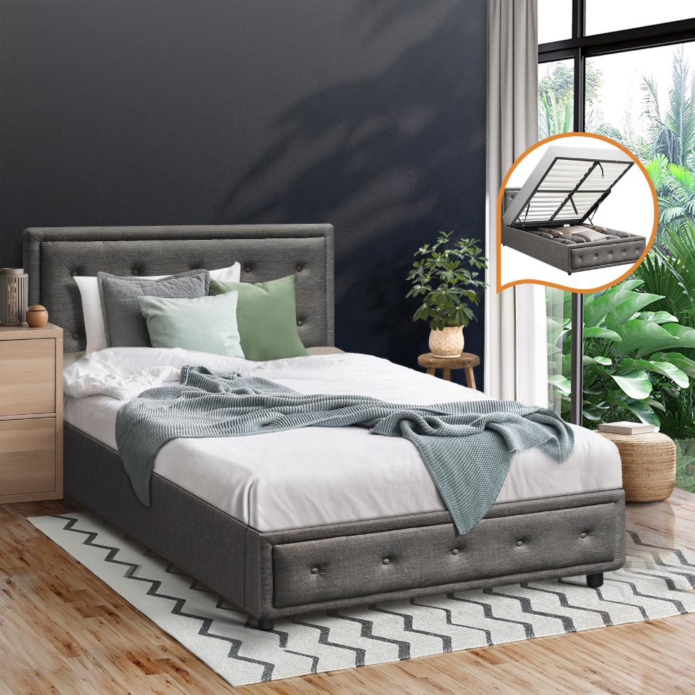 King Single Bed Frame with Storage Space Gas Lift Grey