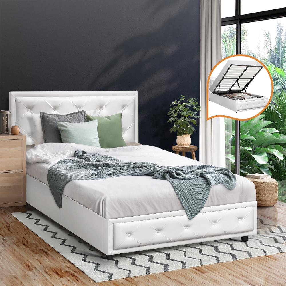 King Single Bed Frame with Storage Space Gas Lift White