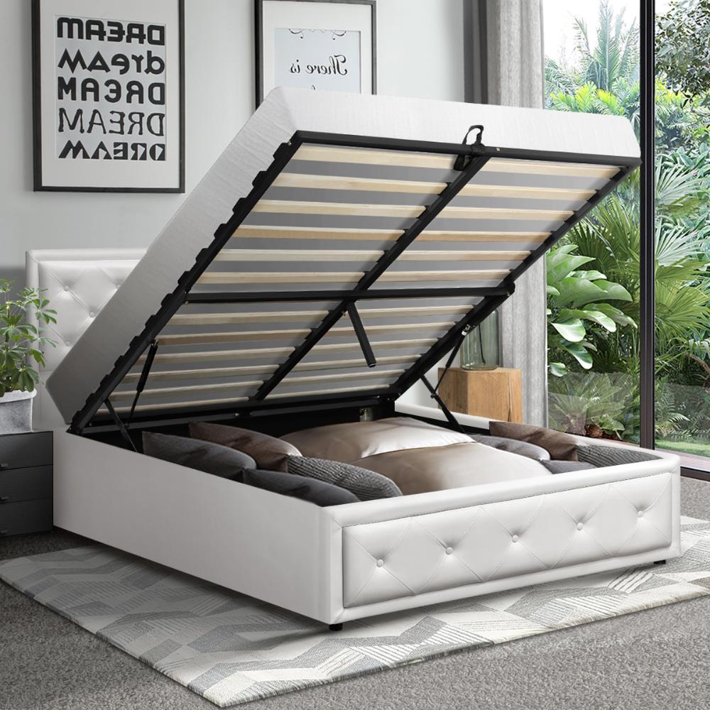 King Single Bed Frame with Storage Space Gas Lift White