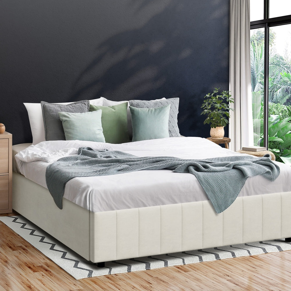 Bed Frame Double Size Gas Lift Storage Base Velvet Cream