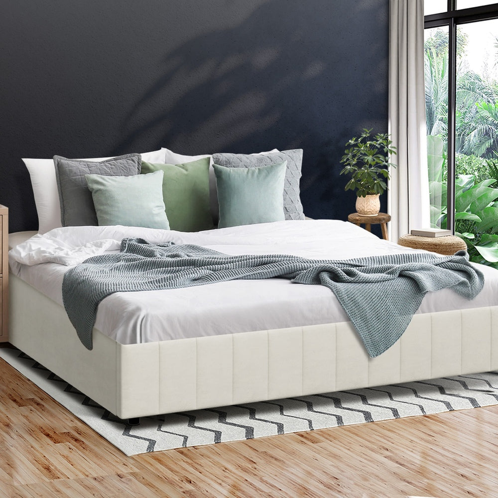 Bed Frame King Size Gas Lift Storage Base Velvet Cream