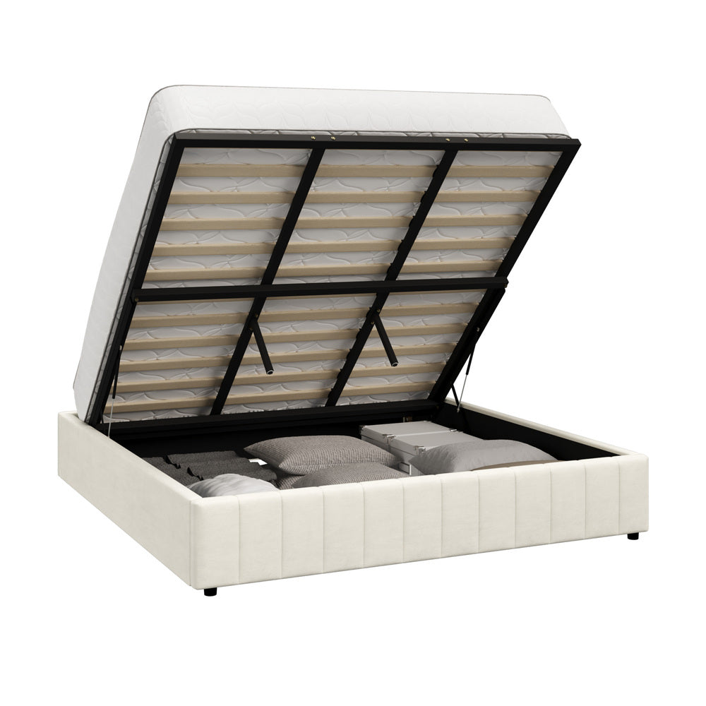 Bed Frame King Size Gas Lift Storage Base Velvet Cream