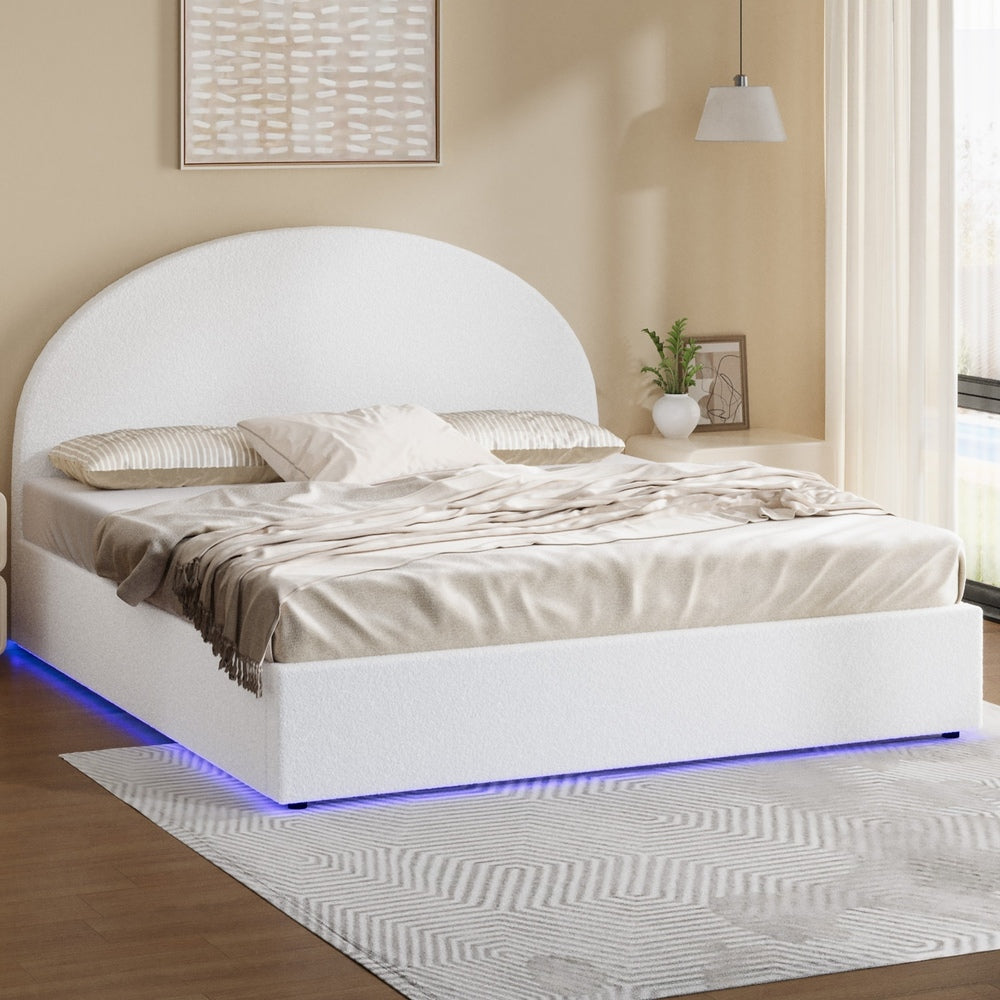 Oikiture Bed Frame King Size With Gas Lift Storage Base LED Lights Boucle White