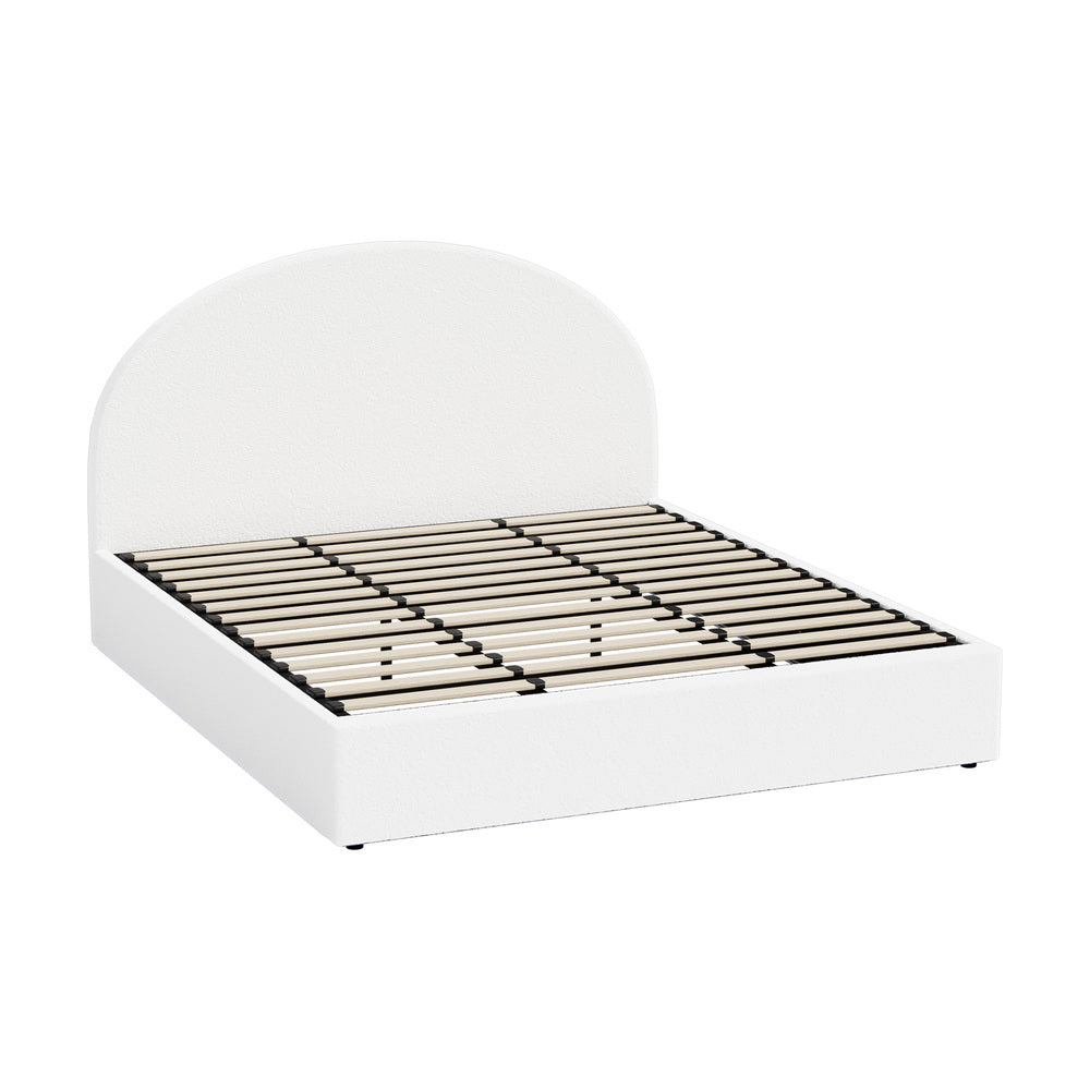 Oikiture Bed Frame King Size With Gas Lift Storage Base LED Lights Boucle White