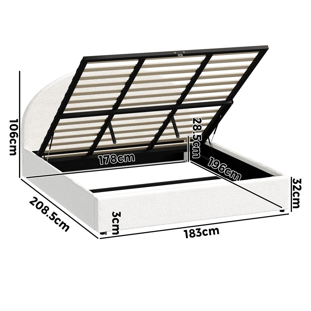 Oikiture Bed Frame King Size With Gas Lift Storage Base LED Lights Boucle White