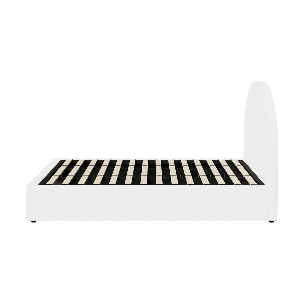 Oikiture Bed Frame King Size With Gas Lift Storage Base LED Lights Boucle White