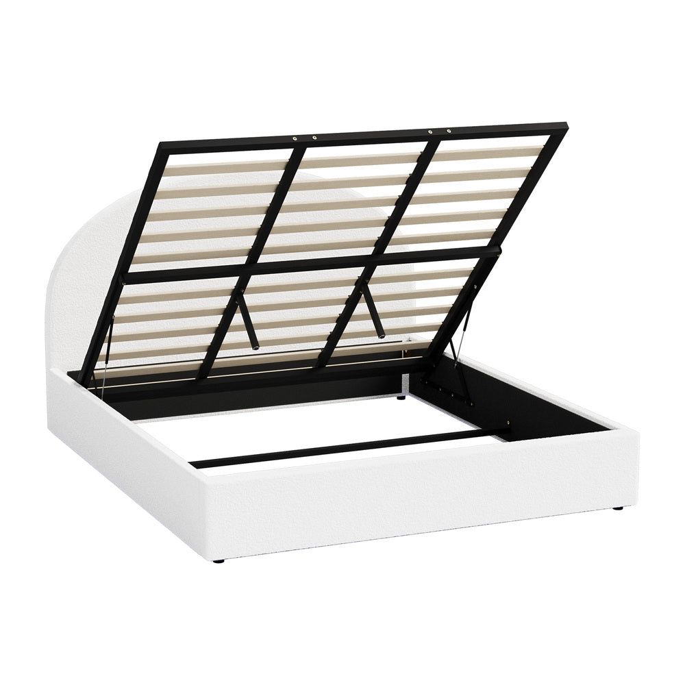 Oikiture Bed Frame King Size With Gas Lift Storage Base LED Lights Boucle White