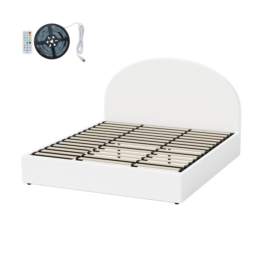 Oikiture Bed Frame King Size With Gas Lift Storage Base LED Lights Boucle White